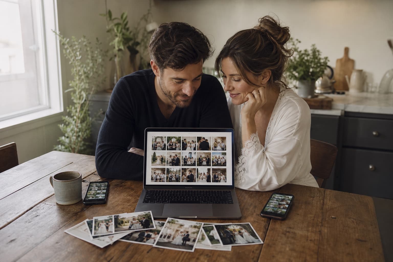 Pareja recién casada organizando en un único álbum las fotos de boda que estaban repartidas entre varios móviles