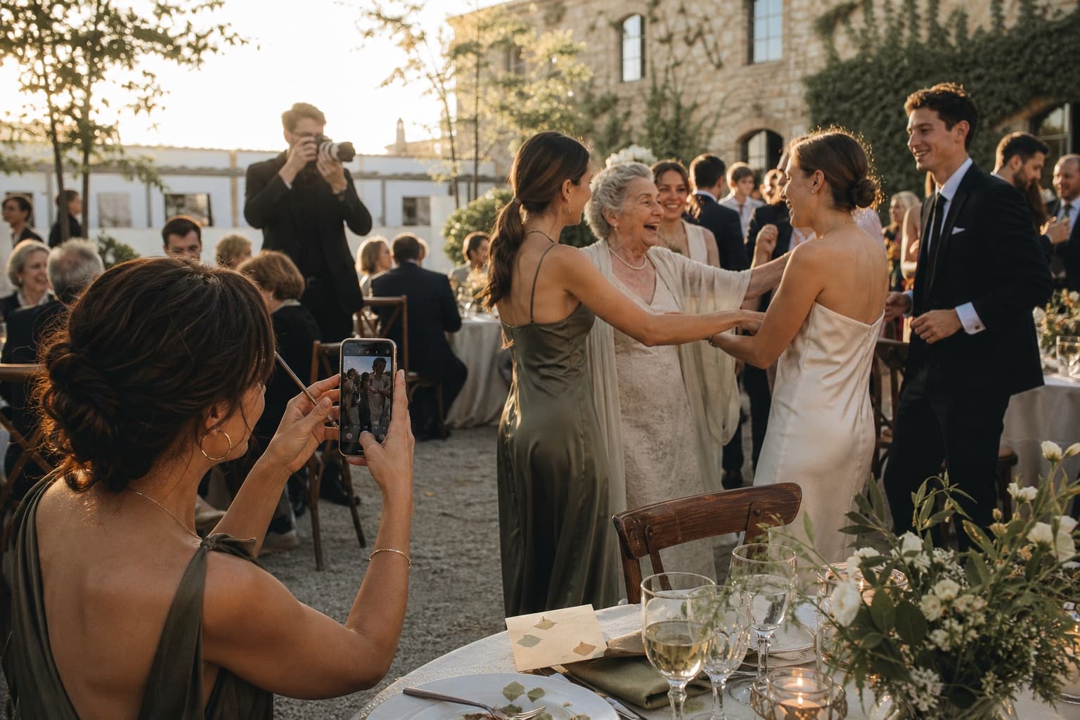 Invitada fotografiando a una abuela que ríe y baila con familiares durante el cóctel de una boda